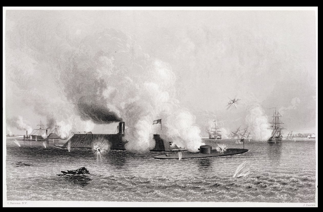 Eljegyzés a „Monitor” és a „Merrimack” között, 1862. március 9., „The History of the United States”, 1. kötet II, Charles Mackay, metszette J. Davies alkotó: Charles Parsons