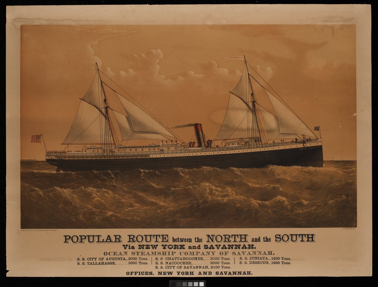 Népszerű útvonal Észak és Dél között New Yorkon és Savannah-n keresztül, a Savannah-i Ocean Steamship Company... Augusta városa... (litográfia, színes) alkotó: Charles Parsons