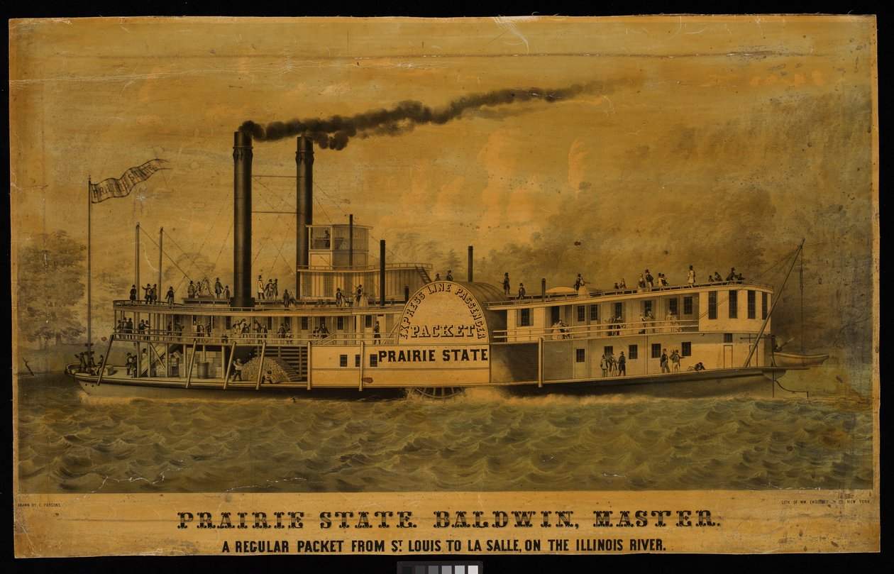 Préri állam. Baldwin, mester. Egy menetrend szerinti hajójárat St. Louisból La Salle-ba, az Illinois folyón (litográfia, színes). alkotó: Charles Parsons