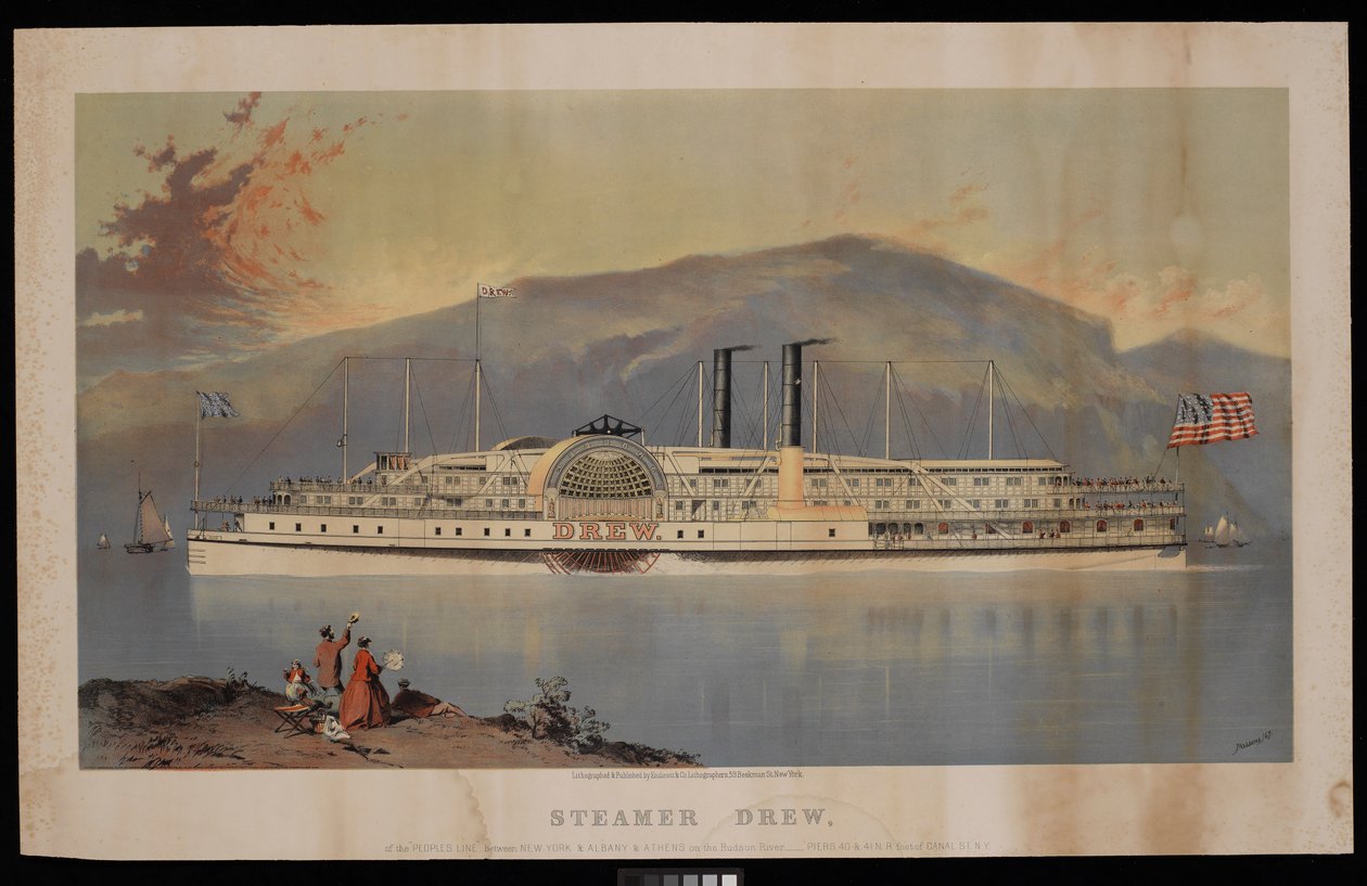 Drew gőzös, a "Peoples Line" gőzös New York és Albany és Athén között a Hudson folyón - 40. és 41. móló, N.R. Canal St. lábánál, N.Y. alkotó: Charles Parsons