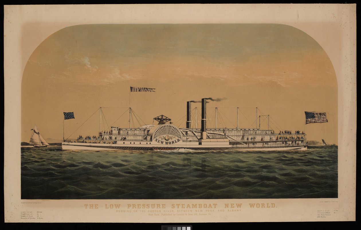 Az alacsony nyomású gőzhajó Újvilág. A Hudson folyón, New York és Albany között (litográfia, színes) alkotó: Charles Parsons
