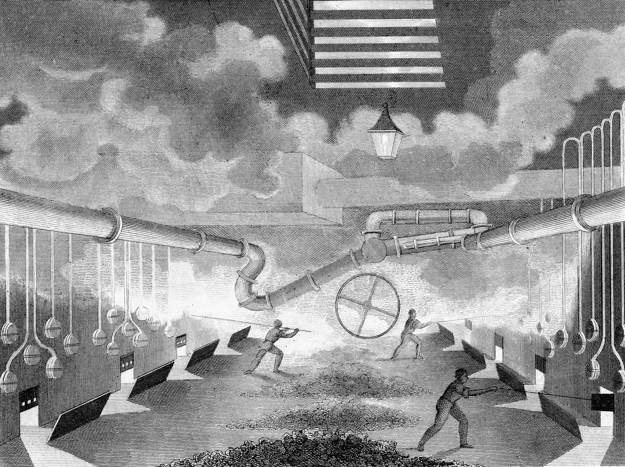 Egy gázmű általános képe, retorták töltésével, 1835 alkotó: Charles Partington