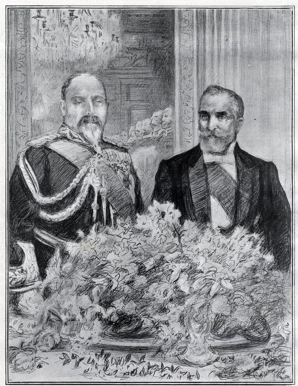 Szívélyes: Emile Loubet francia elnök londoni látogatása – a bankett a francia nagykövetségen – VII. Edward király és Loubet – Paul Renouard a The Graphic című újság számára készített. 1903. július. alkotó: Charles Paul Renouard