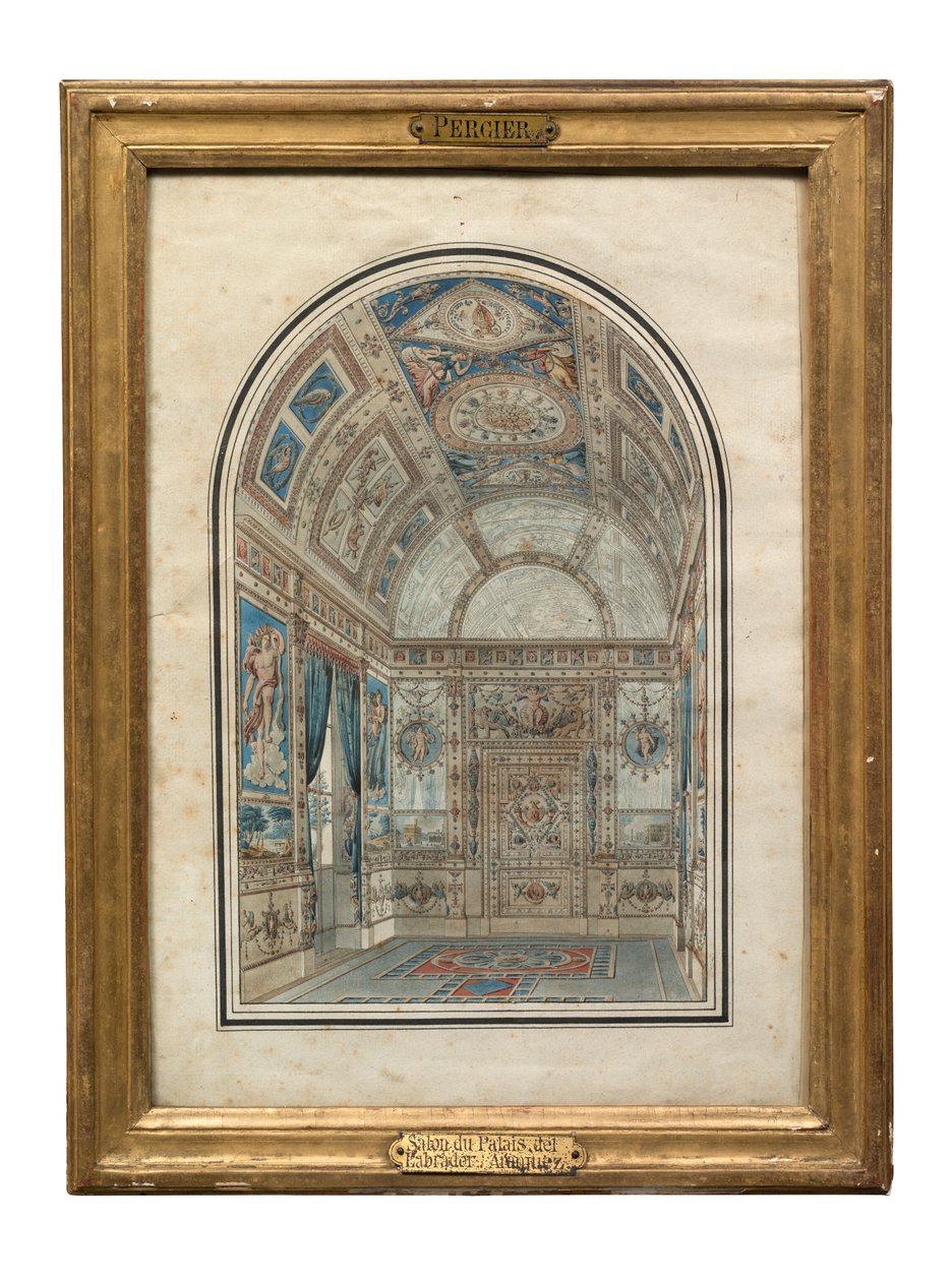 Szoba a Casa del Labradorban, Aranjuez királyi palotájában (toll, tinta és WC papíron) alkotó: Charles Percier