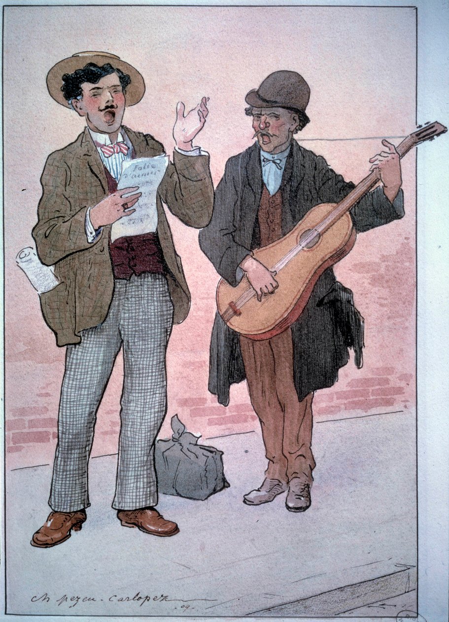 Paris Small Metiers: utcai énekesek. Charles Pezeu dit Carlopez rajza (XX. század) alkotó: Charles Pezeu Carlopez