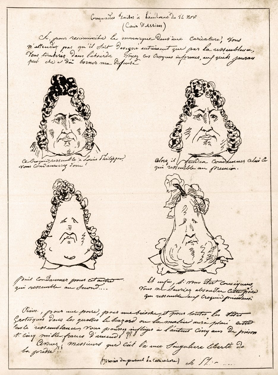 A november 14-i meghallgatáson készült krokádok - Charles Philipon (1800-1862) Louis Philippe körtében című rajzfilmje - 1832 - (Louis-Philippe fokozatosan körtévé változik) alkotó: Charles Philipon