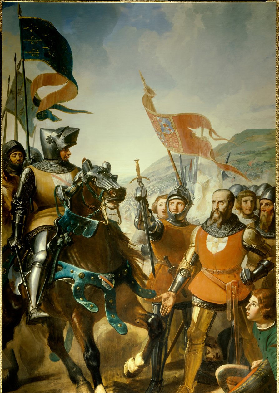 Százéves háború (1337-1453): részlet a "" Cocherel-i csatáról, Evreux mellett, amelyet Bernard du Guesclin (1320-1380) nyert a navarrai király csapatain, az 1364. 05. 16." Károly festménye Philippe Lariviere (1798-1876) 1837 körül V. 4,2x2,6 m. alkotó: Charles Philippe Lariviere