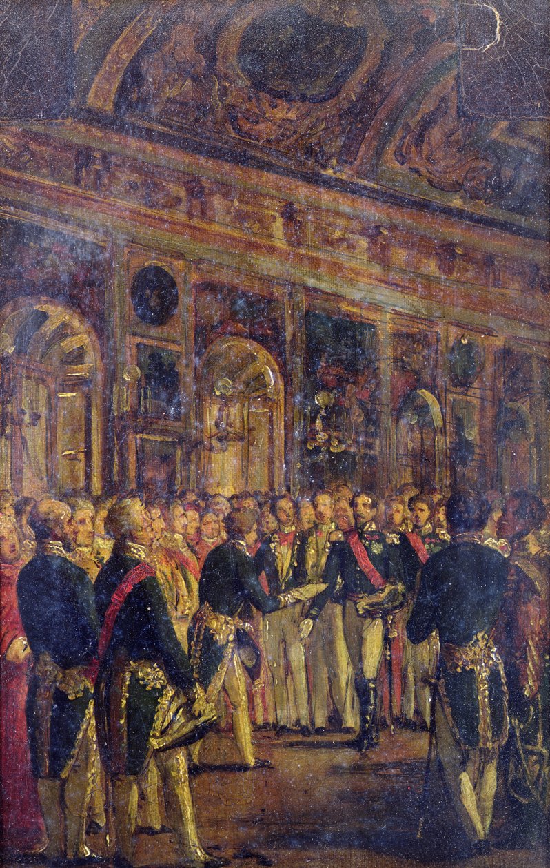 A Szenátus bemutatja Louis Napoleon Bonaparte-ot (1808-73) az őt császárrá kikiáltó népszavazás eredményével, Saint-Cloudban, 1852. december 1., 1852-71 alkotó: Charles Philippe Lariviere