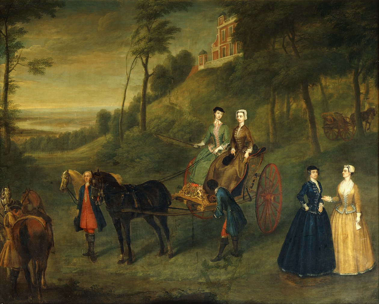 Lads and Maids of Honor a Greenwich Parkban: Juliana, Leeds hercegnőjének, Lady Charlotte Hamiltonnak, Lady Isabella Tuftonnak és Henrietta, Pomfret grófnőjének csoportképe, valamennyien lovaglási szokásokat viselnek, vőlegénnyel és lovakkal az Obszervatór alkotó: Charles Phillips