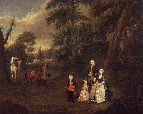 Thomas Hill of Tern és családja egy tájképen, 1730 alkotó: Charles Phillips