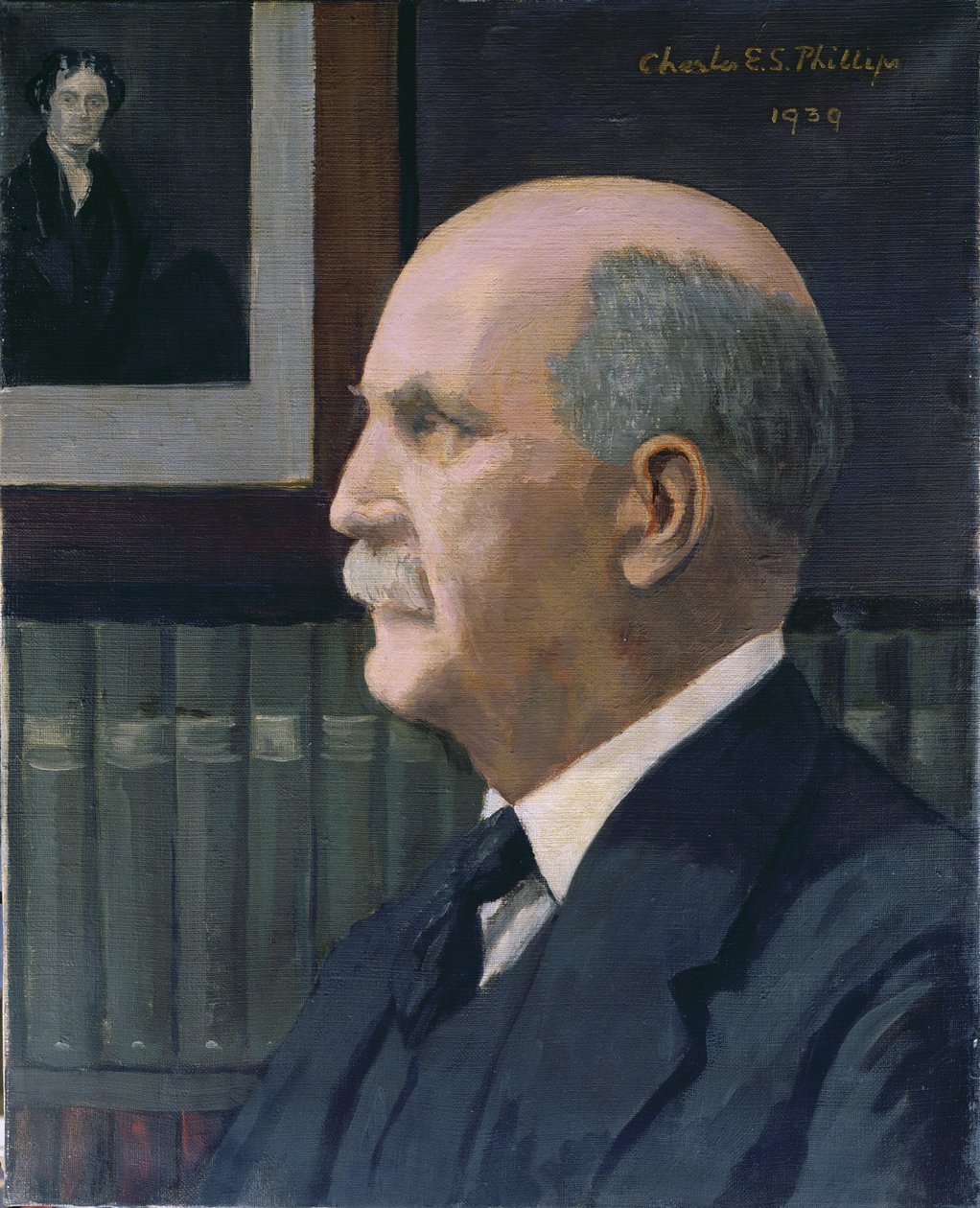 William Henry Bragg (1862-1942) Michael Faraday (1791-1867) képével a háttérben, 1939 alkotó: Charles Phillips