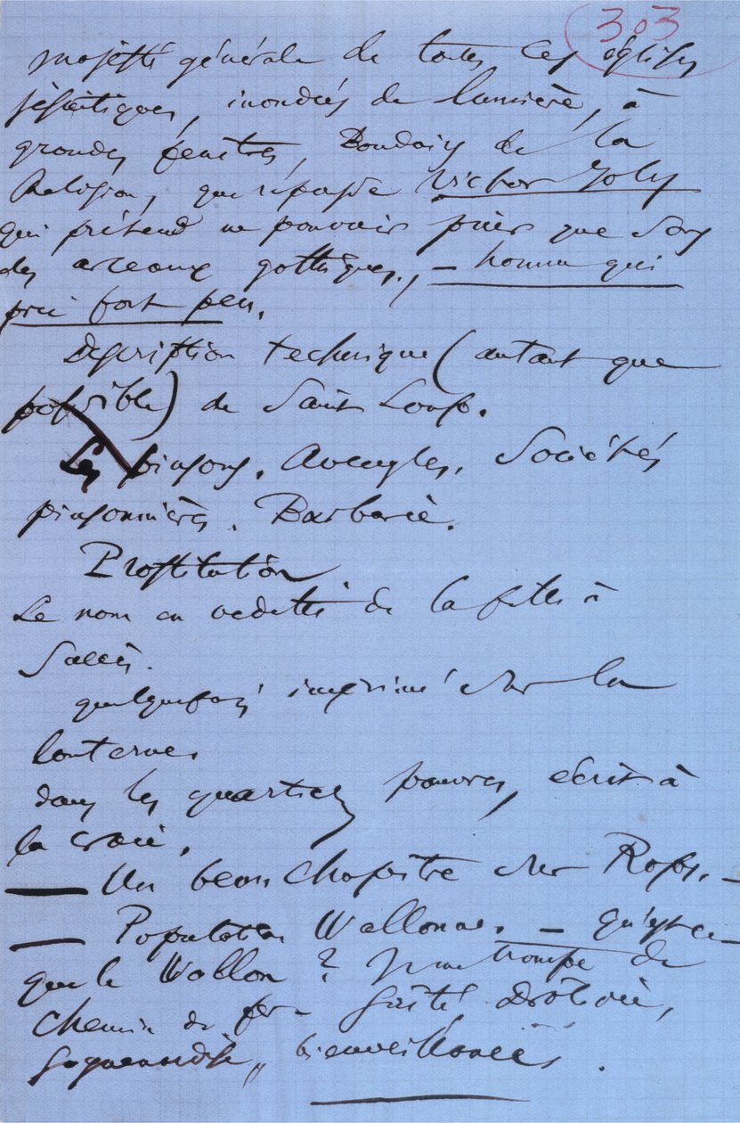 Baudelaire „Pauvre Belgique” című brosúrájának 303. oldala, amely leírja Namurba tett utazását alkotó: Charles Pierre Baudelaire