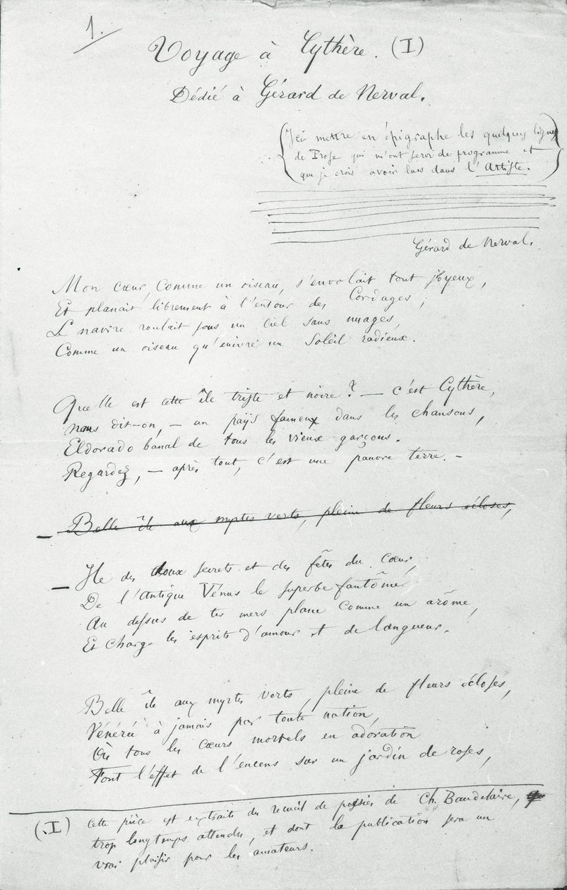 „Voyage a Cythere” autogramvers (toll és tinta papíron) (f/w fotó) alkotó: Charles Pierre Baudelaire