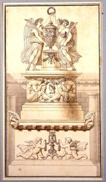 Terv egy római tábornok síremlékéhez, 1800 körül (kréta, toll és tus, mosás, papír) alkotó: Charles Pierre Joseph Normand