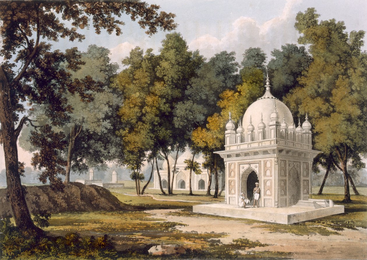 Sírok Etaya közelében, az "Egy festői túra a Gangesz és a Dzsumna folyók mentén Indiában" című, Thomas Sutherland által metszett, Ackermann kiadónál megjelent, 1824 (akvatinta) című képből. alkotó: Charles Ramus Forrest
