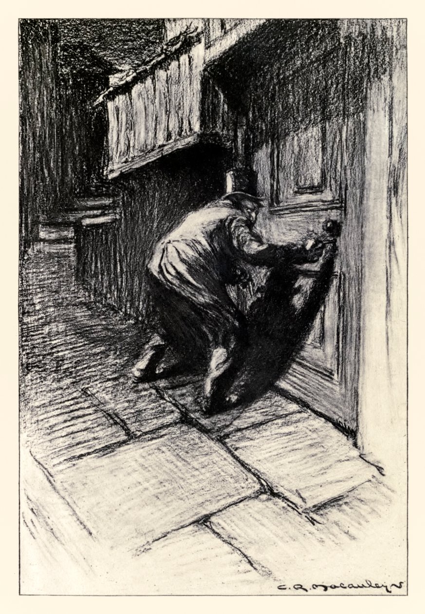 Az ajtó előlapja Robert Louis Stevenson (1850-1894) "Dr. Jekyll és Mr. Hyde furcsa esetéből", Charles Raymond Macauley (1871-1934) illusztrálásával alkotó: Charles Raymond Macauley