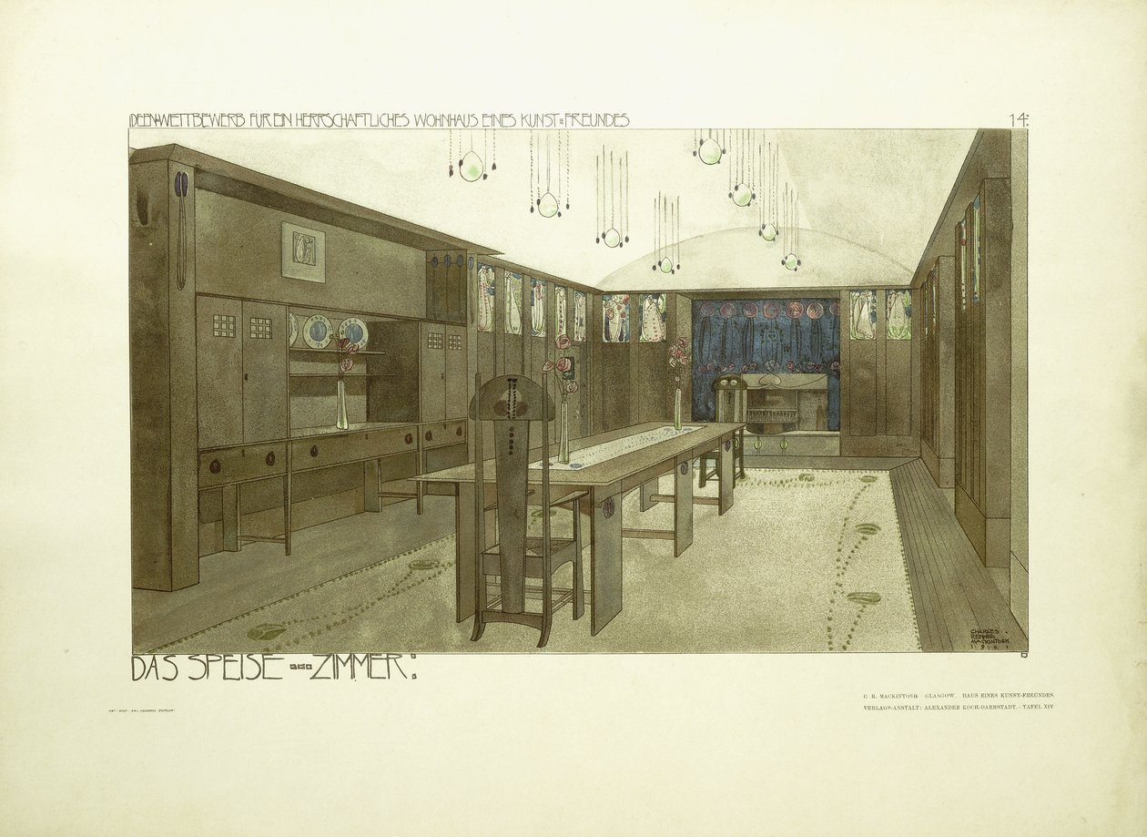 Ebédlő, 1901 körül (színes litográfia) alkotó: Charles Rennie (after) Mackintosh