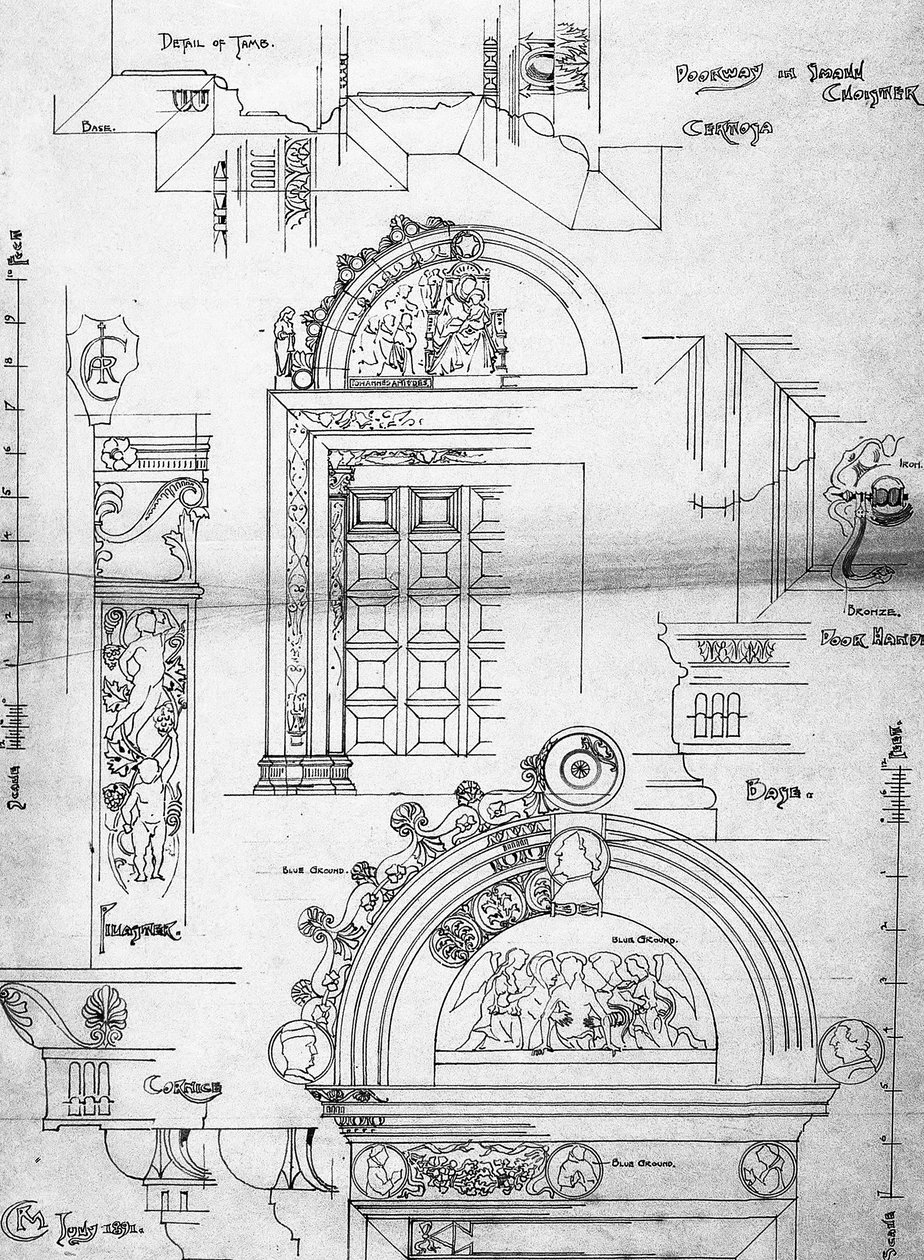Certosa di Pavia, Ajtó a kis kolostorban, 1891 (Oldal a vázlatfüzetből, tinta patronpapíron) alkotó: Charles Rennie Mackintosh