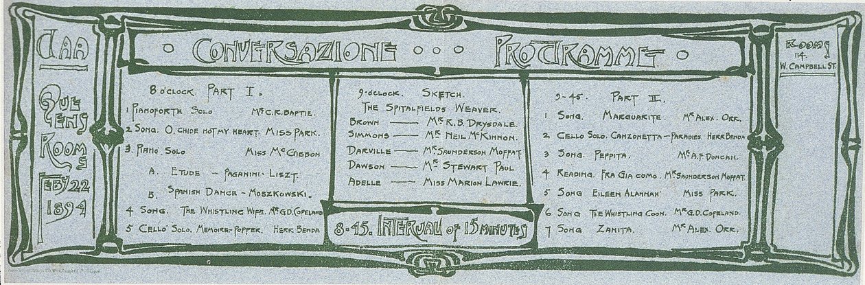 Conversazione program a Glasgow Építészeti Egyesület számára alkotó: Charles Rennie Mackintosh