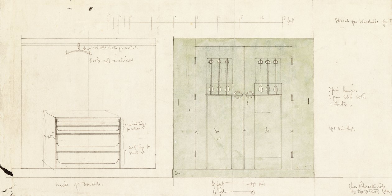 Szekrény dizájn, elülső és belső nézetben, 1899-1900 körül (ceruza, akvarell) alkotó: Charles Rennie Mackintosh