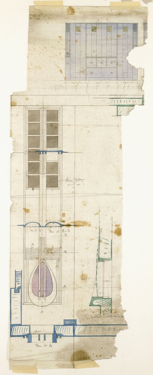 Szekrény kialakítása, felülnézetben, félig teljes méretű dekorpanel részleteivel, 1904 alkotó: Charles Rennie Mackintosh