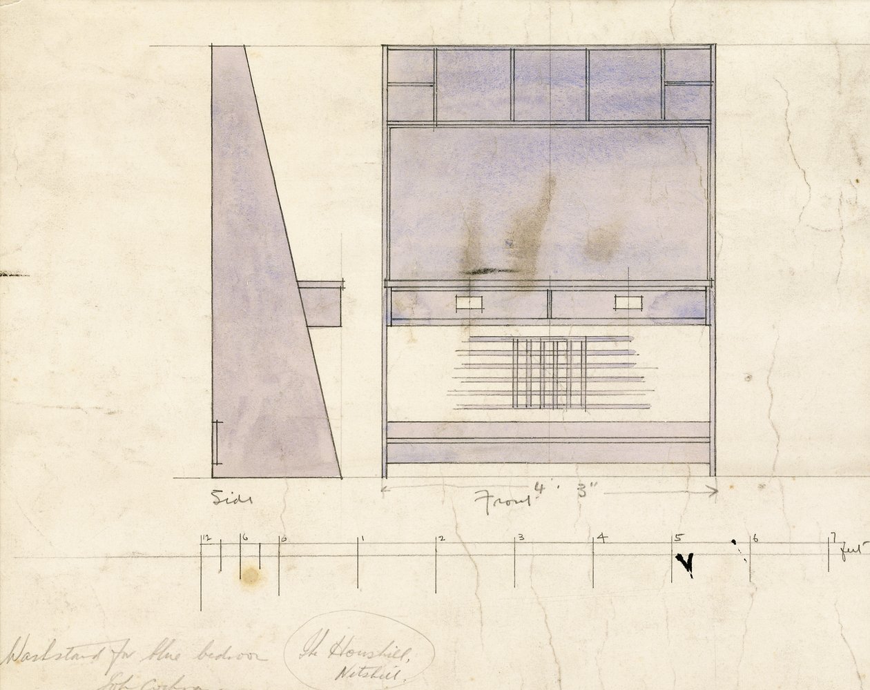 Mosdóállvány kialakítása, oldalsó és elölnézetben, 1904 alkotó: Charles Rennie Mackintosh