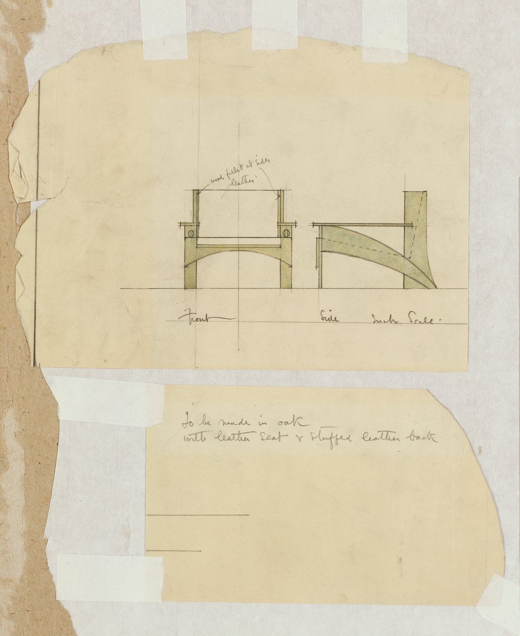 Tölgyfa fotel terv, elöl- és oldalnézetben, 1905 alkotó: Charles Rennie Mackintosh