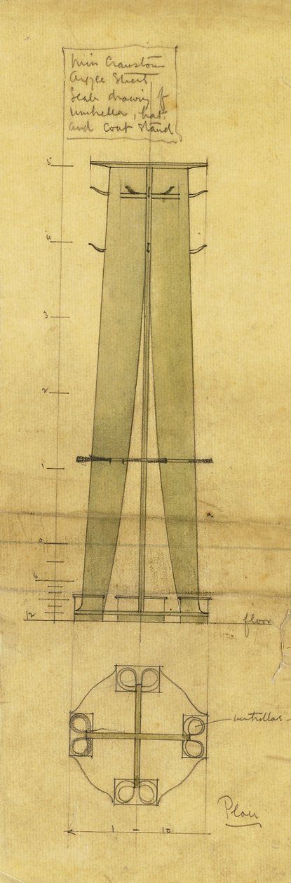 Tervezés esernyőhöz, sapkához és kabátállványhoz, felülnézetben és alaprajzon, 1898-1899 körül (ceruza, akvarell, olajozott pauszpapír) alkotó: Charles Rennie Mackintosh