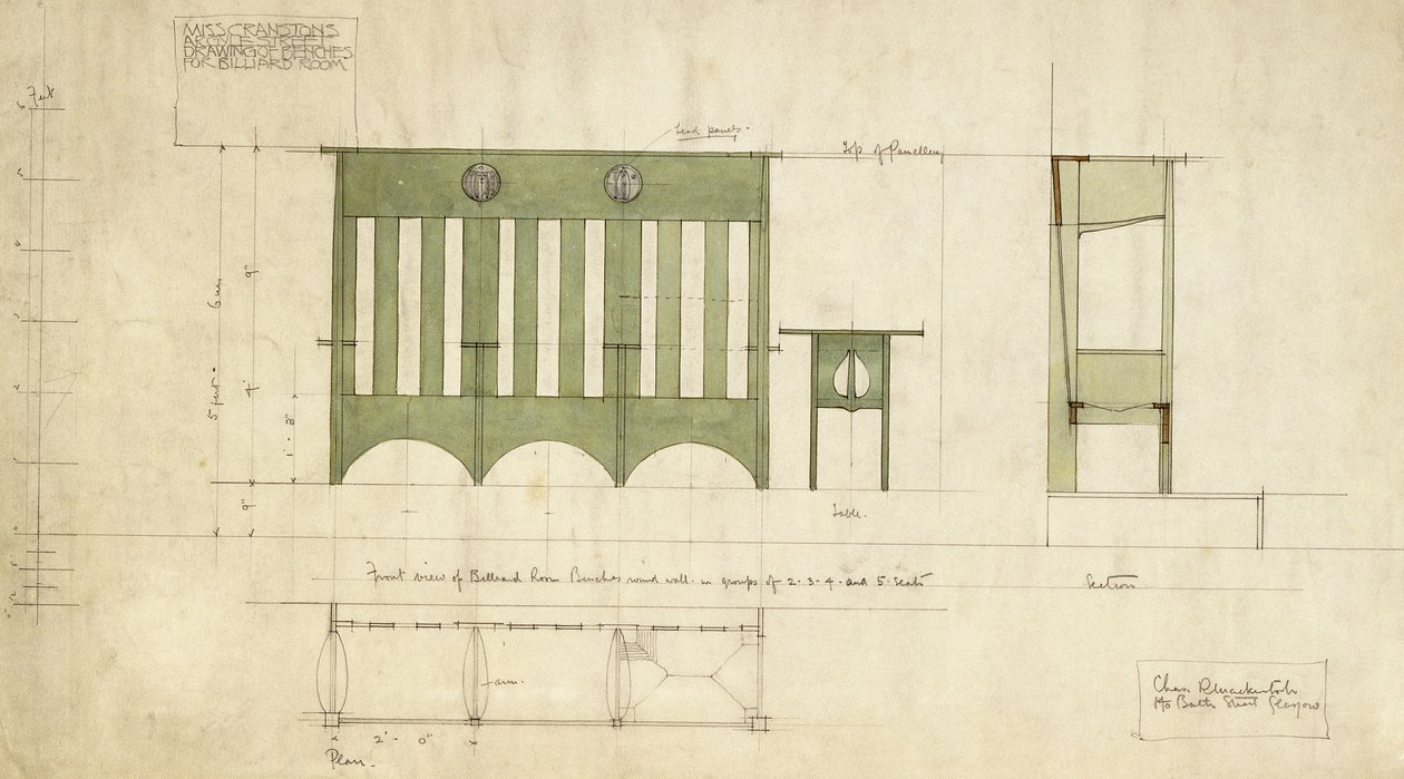 Tervezés padokhoz és asztalokhoz, a domborzati és metszetrajzon látható alkotó: Charles Rennie Mackintosh