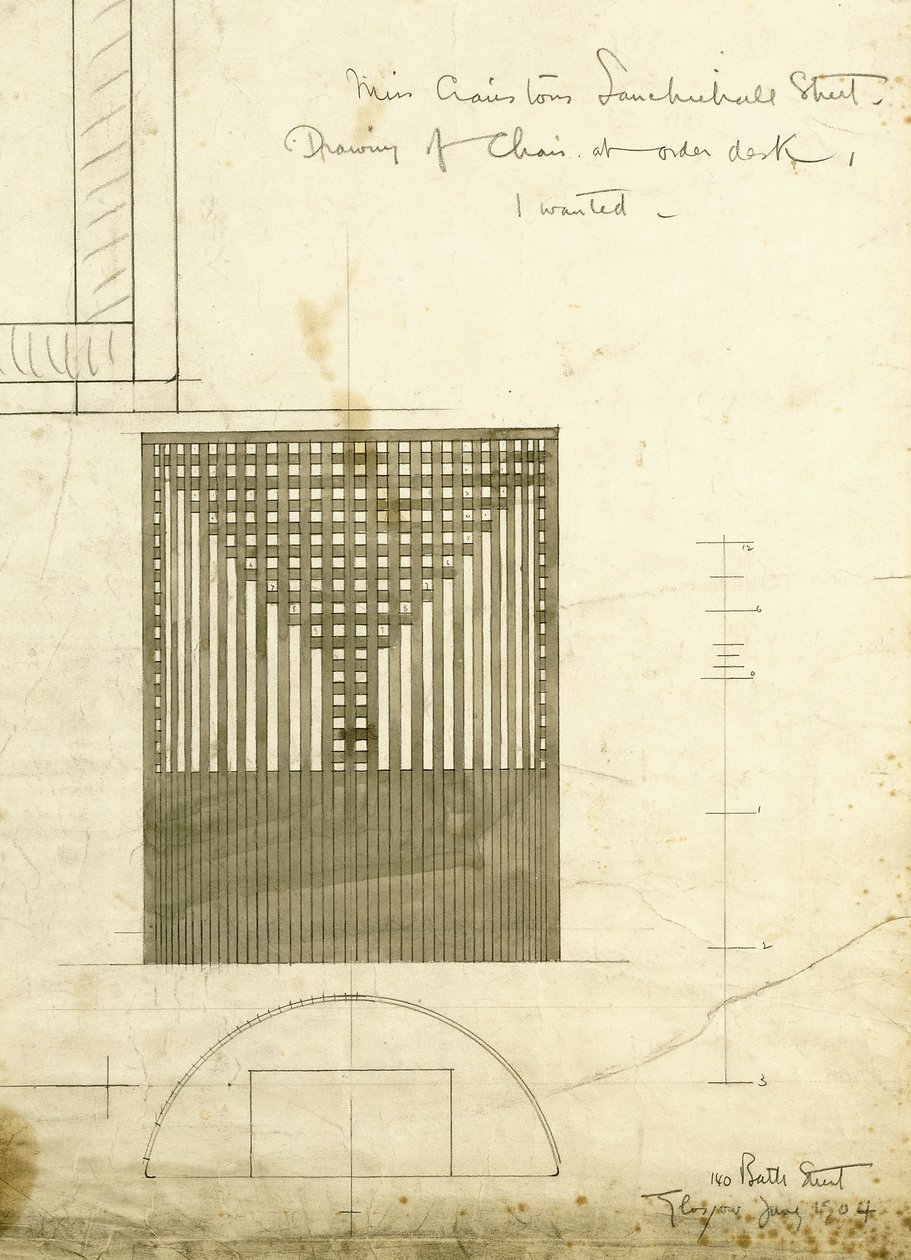 A rendelési asztali szék tervrajza, 1904 alkotó: Charles Rennie Mackintosh