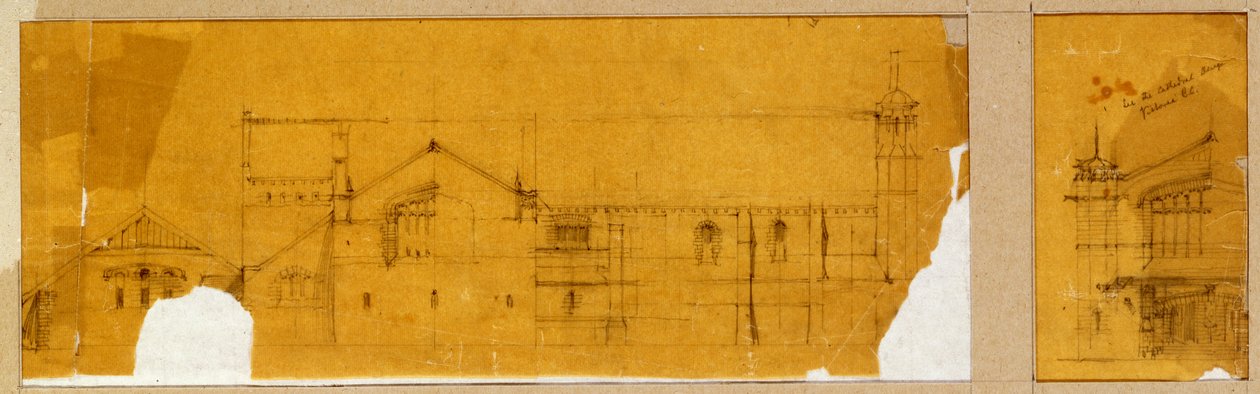 Egy templom homlokzatának rajza felülnézetben, valamint a templom bejáratának melléktervje, 1895-99 körül alkotó: Charles Rennie Mackintosh