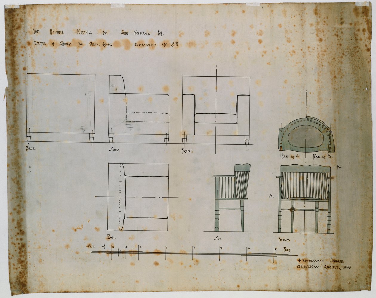 Kárpitozott szék és orsós szék kialakítása domborzati és alaprajzi képen alkotó: Charles Rennie Mackintosh