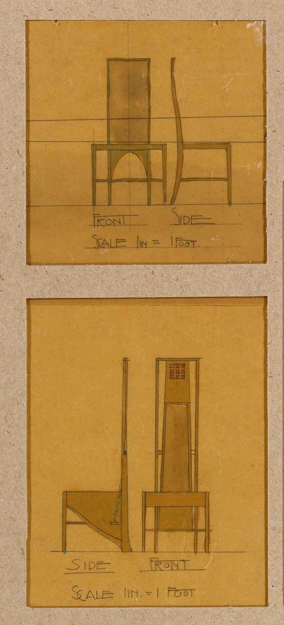 Elöl- és oldalnézetben látható székek kialakítása a Room de Luxe, Willow Tea Rooms számára alkotó: Charles Rennie Mackintosh
