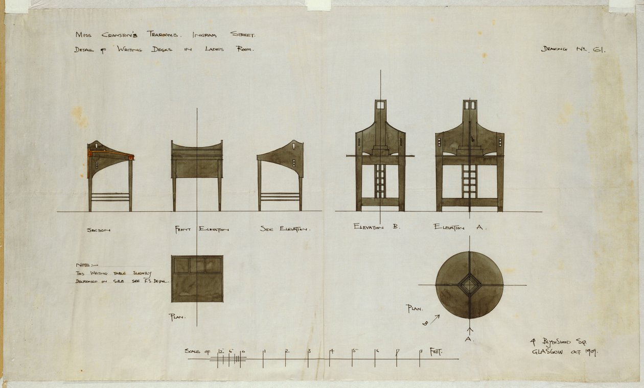 Íróasztal-tervek elöl és oldalsó nézetben, az Ingram Street Tea Roomshoz, 1909 alkotó: Charles Rennie Mackintosh