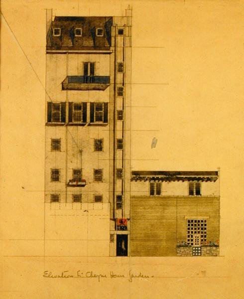 A Glebe Place és a Upper Cheyne Walk tervezett stúdiójának nézete alkotó: Charles Rennie Mackintosh