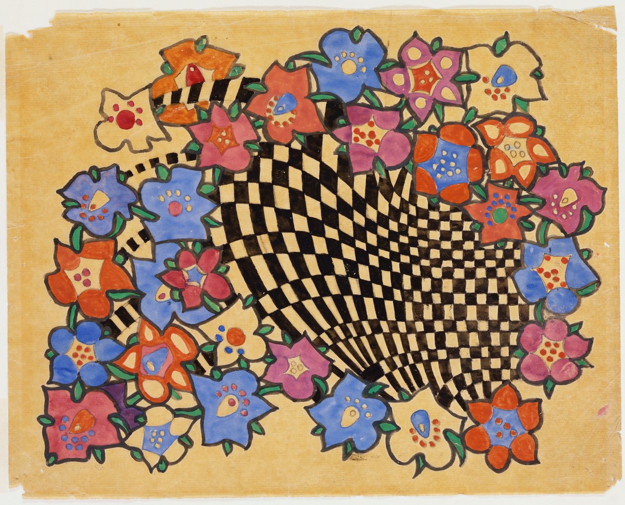 Virágos és kockás szövetminta, 1916 körül alkotó: Charles Rennie Mackintosh