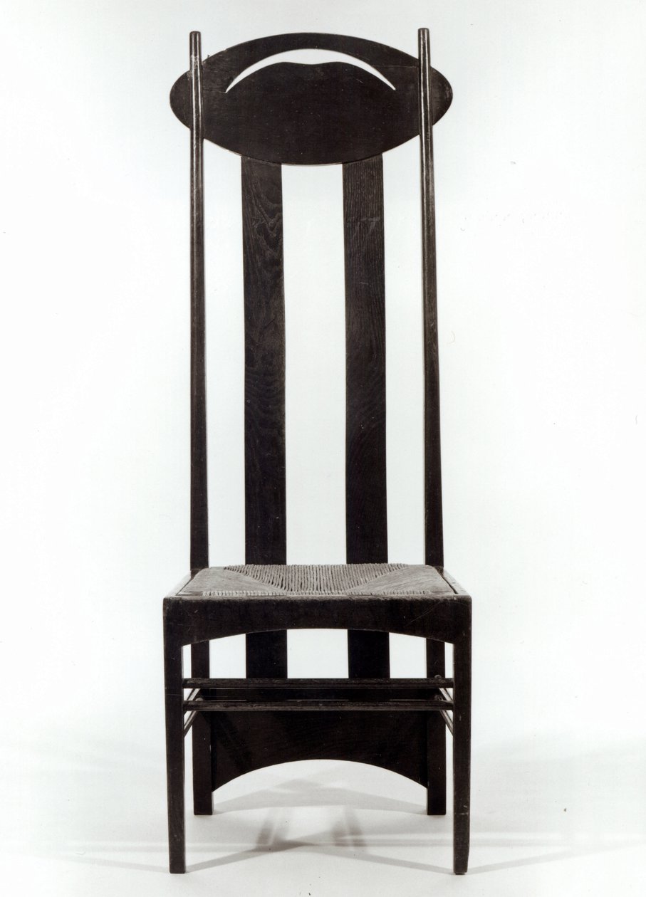 Magas támlájú szék, 1897 körül (sötétre pácolt tölgy, siklóüléssel és áttört ovális háttámlákkal) alkotó: Charles Rennie Mackintosh