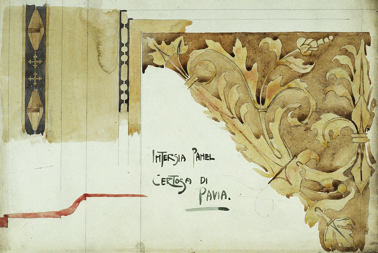Intarsia Panel, Certosa di Pavia, 1891 (ceruza és akvarell papíron) alkotó: Charles Rennie Mackintosh