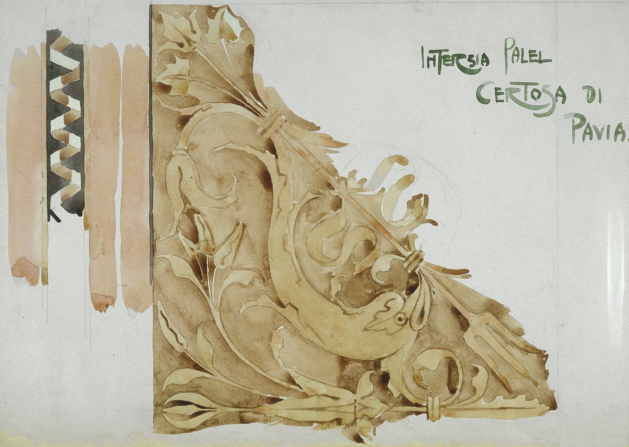 Intarsia Panel, Certosa di Pavia, 1891 (ceruza és akvarell papíron) alkotó: Charles Rennie Mackintosh