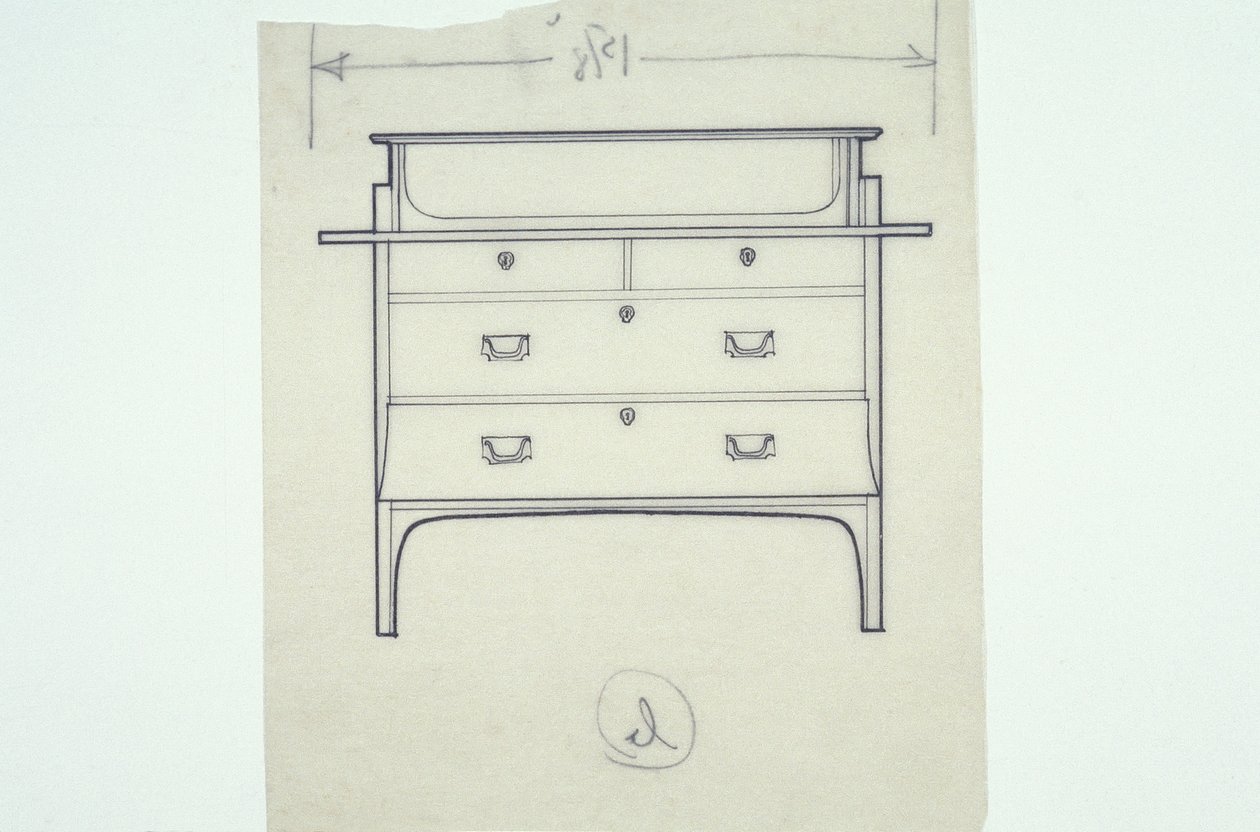 Bútorvonalas rajz (egy telep festett panelekkel), 1910 körül (tintával papírra) alkotó: Charles Rennie Mackintosh