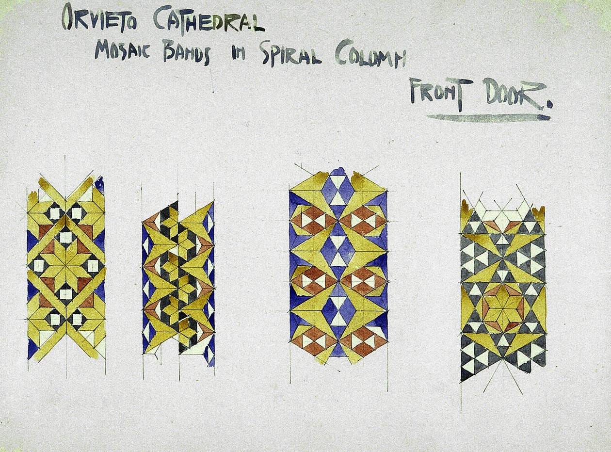 Orvieto székesegyház, Mozaikszalagok spiráloszlopban, bejárati ajtó, 1891 (ceruza és akvarell papíron) alkotó: Charles Rennie Mackintosh