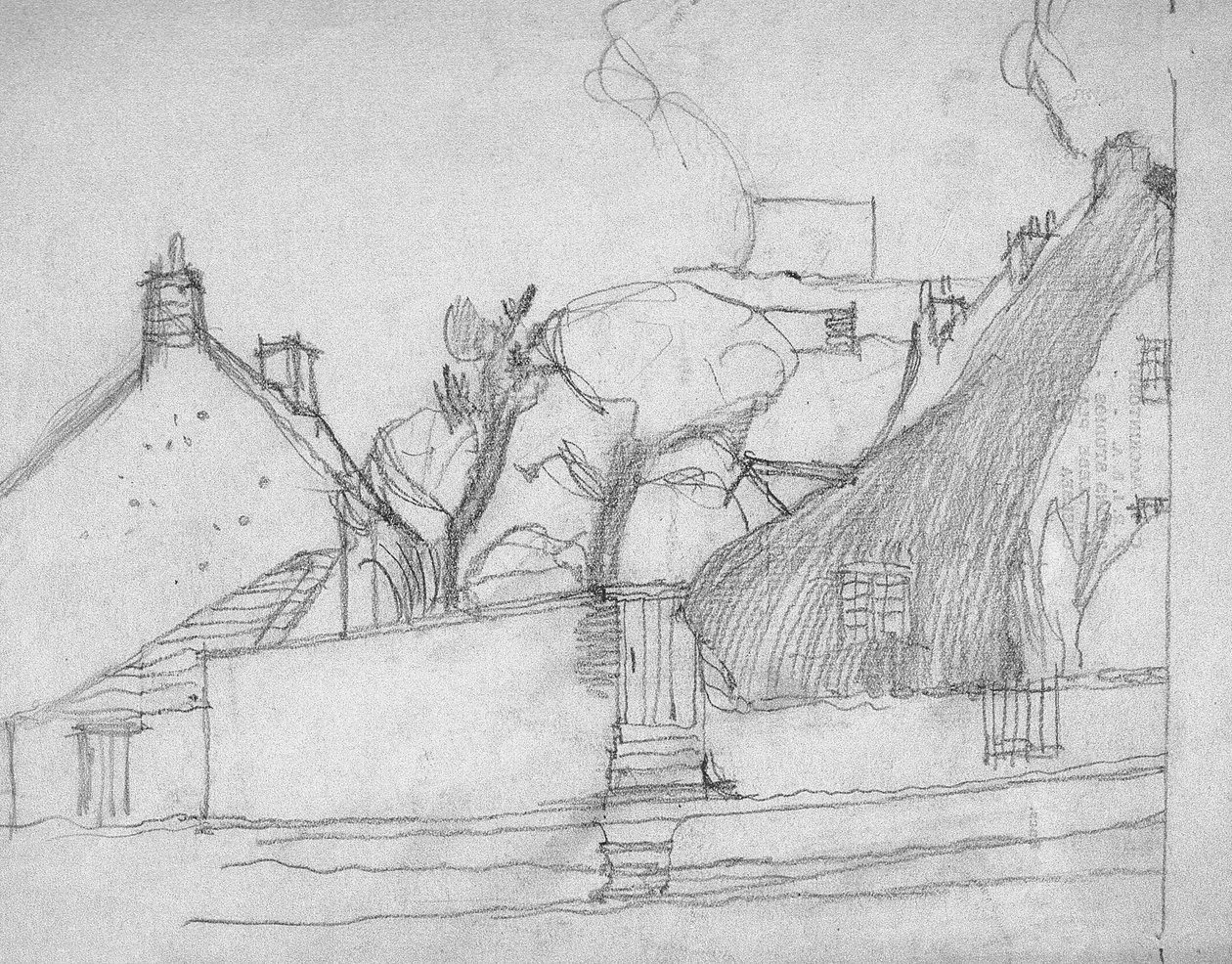 Vázlat az angol faluról nádtetővel az előtérben, 1920 körül alkotó: Charles Rennie Mackintosh
