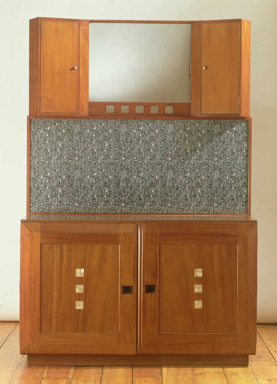 Mosdóállvány, 1917 körül (mahagóni gyöngyház és zöld erinoid kirakással, üveg hátlappal) alkotó: Charles Rennie Mackintosh