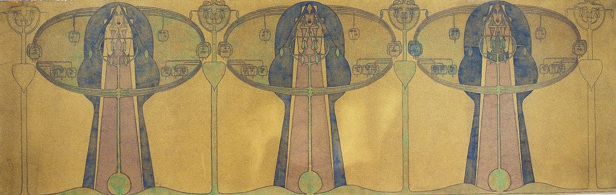 Stilizált emberi figurák, fa- és növényformák dekoratív fríze, 1895 körül (ceruza és akvarell szürke művészi papíron) alkotó: Charles Rennie Mackintosh