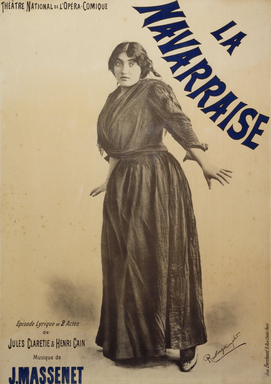 Navarraise plakátja, opera, Jules Claretie és Henri Cain librettója, Jean Massenet zenéje, Emma Calve előadásában, Plakát a párizsi Opera-Comique-hoz alkotó: Charles Reutlinger