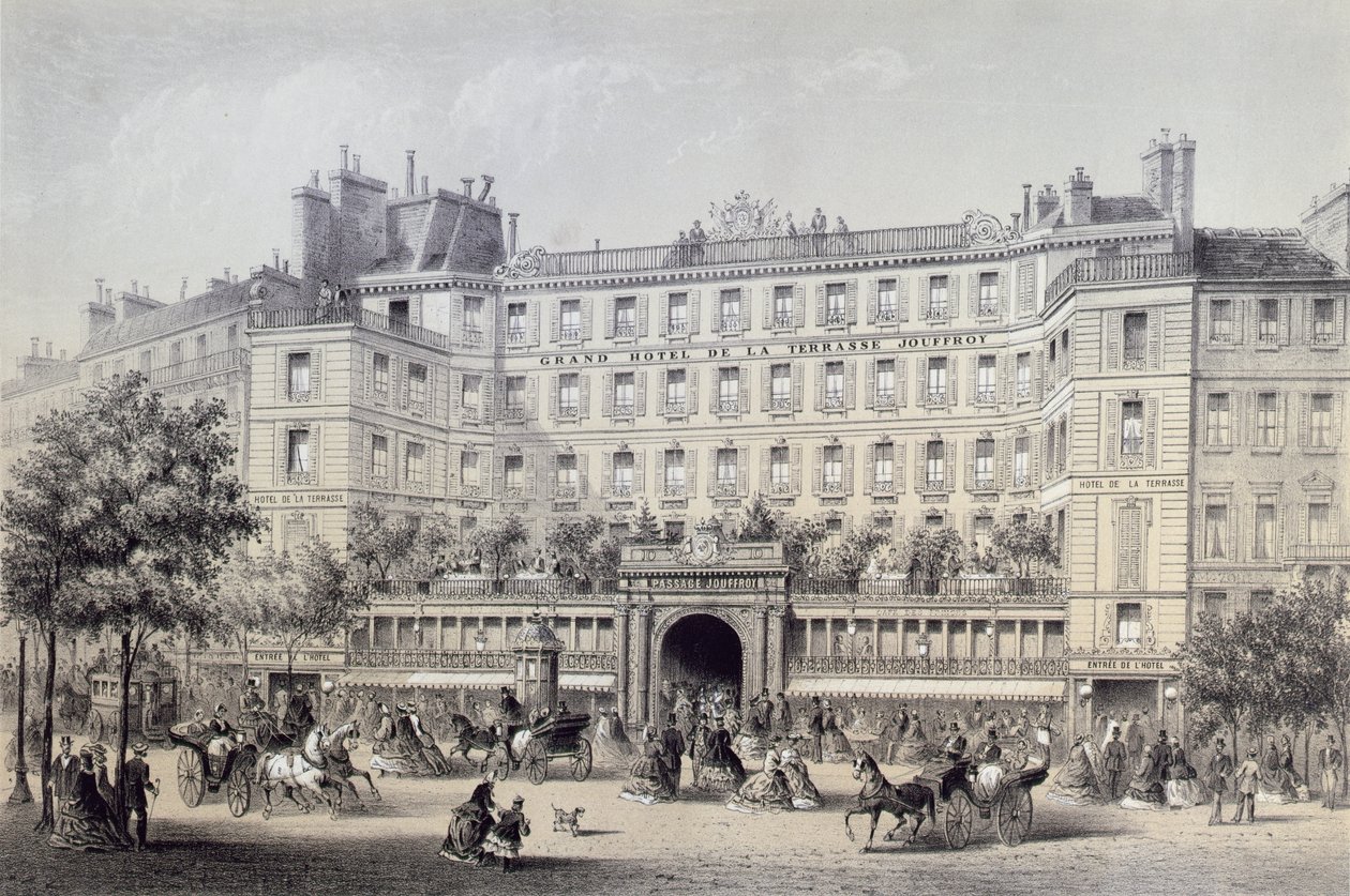 Boulevard Montmartre, Passage Jouffroy és Grand Hotel de la Terrasse Jouffroy, 1865 alkotó: Charles Riviere