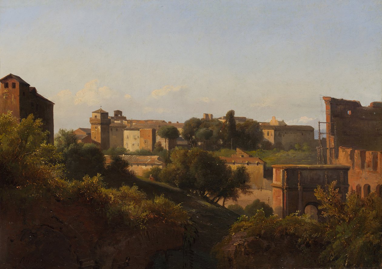 Kilátás a Colosseumra és Konstantin diadalívére a Palatinus felől, kb. 1822-24. alkotó: Charles Rémond