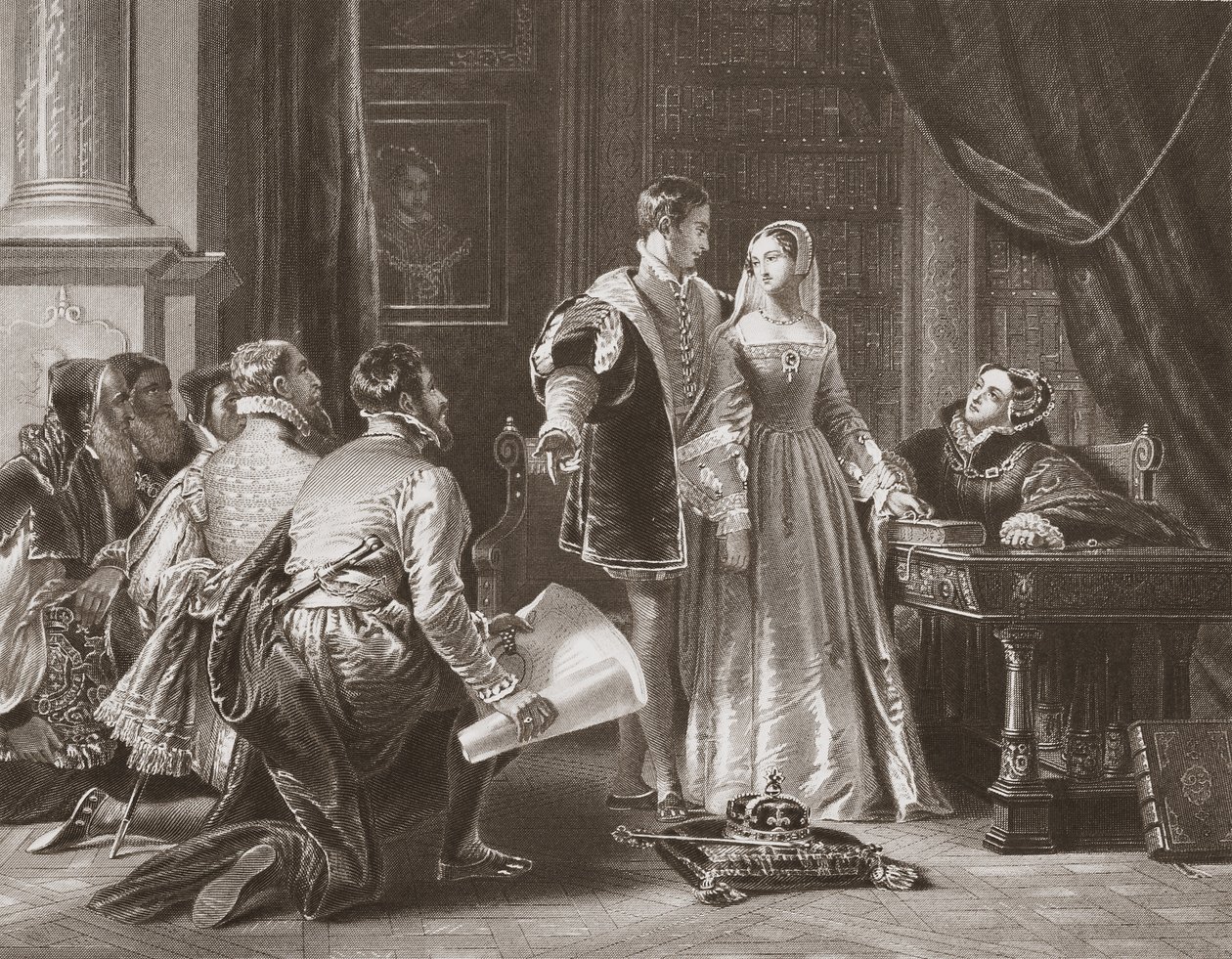 Lady Jane Grey vonakodása a koronát elfogadni, A.H. Payne metszet (litho) alkotó: Charles Robert (after) Leslie