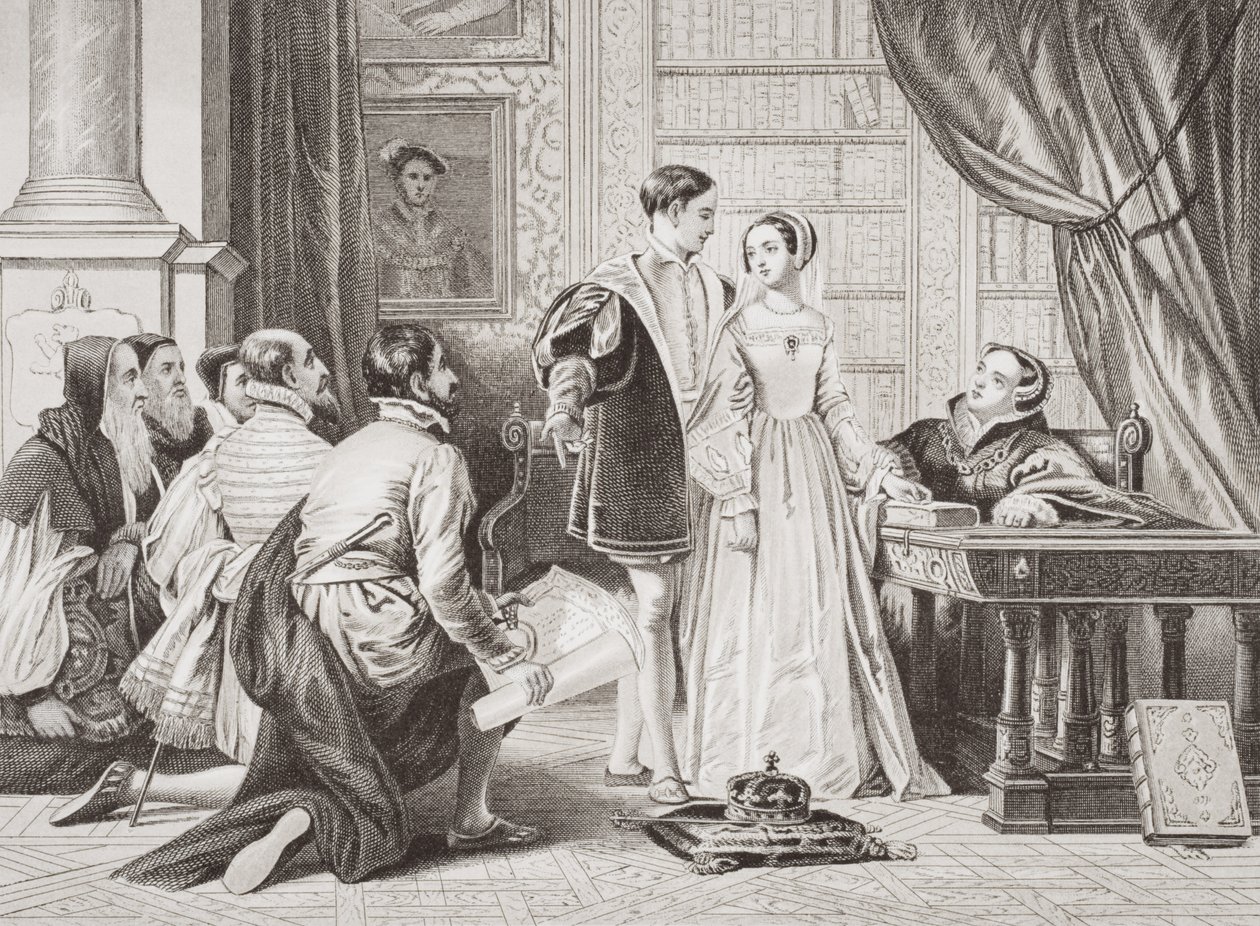 Lady Jane Grey vonakodása a korona elfogadásától, Sion House, 1553. július 8., az "Illustrations of English and Scottish History" I. kötetéből. alkotó: Charles Robert Leslie