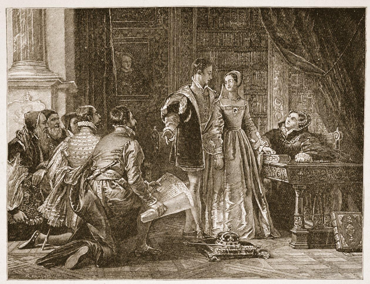 Lady Jane Grey vonakodása a korona elfogadásától, Sion House, 1553. július 8., illusztráció a "The Church of England: A History for the People", H.D.M. Spence-Jones, kiadó: 1910 körül (szepiaszínű fotó). alkotó: Charles Robert Leslie